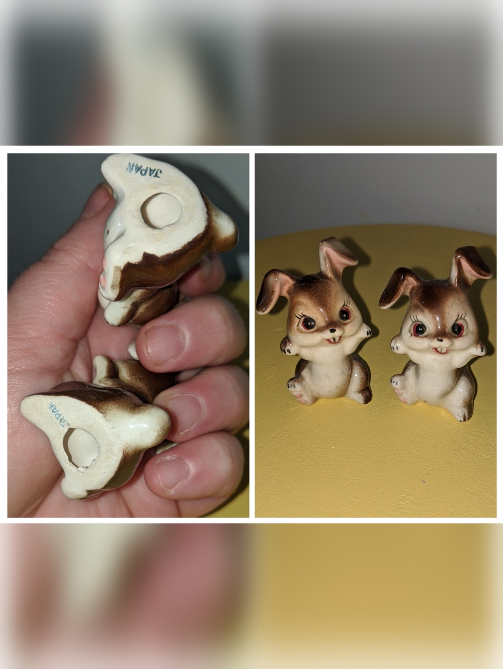 Vintage Kitsch Ceramic Brown & White Bunny Figurines - Set of 2 - Made In Japan